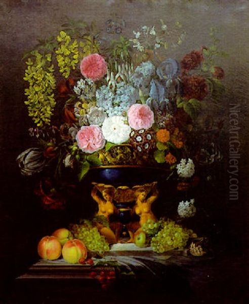 Bouquet De Fleur Sur Un Entablement Oil Painting by Edouard Joseph Francois Autrique