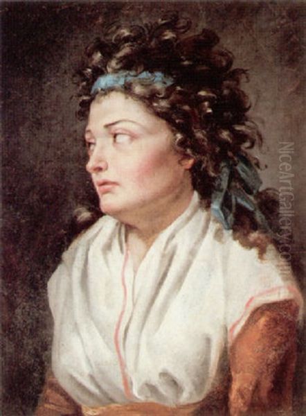 Portrait Of A Lady Wearing A Blue Ribbon In Her Hair Oil Painting by Pauline Auzou