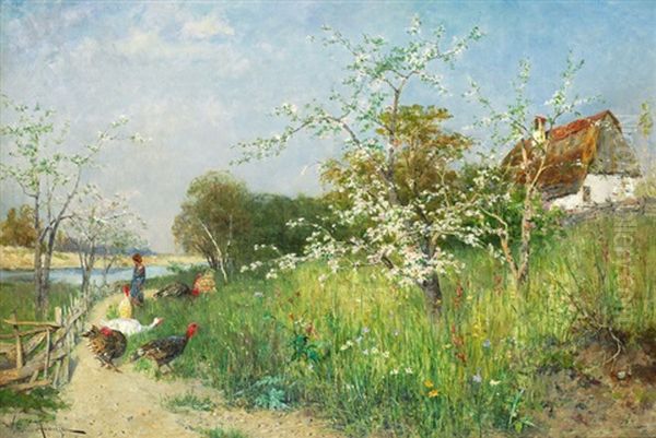 Landskap Med Kvinna, Faglar Och Blommande Frukttrad Oil Painting by Vittorio Avanzi