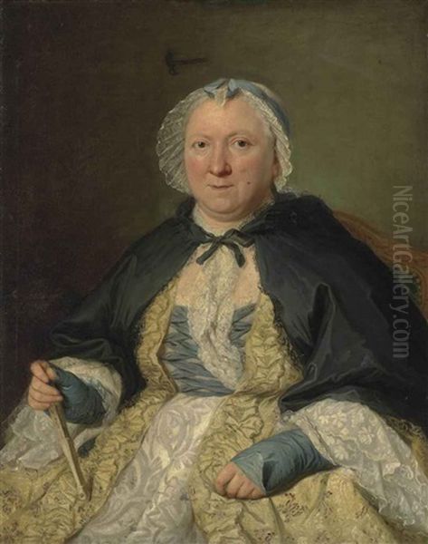 Portrait Of Madame Antoine Crozat, Marquise Du Chatel, Nee Marguerite Le Gendre D'armeny (1670-1742), Half-length, Seated, In A Lace Trimmed Yellow And White Dress And A Bonnet, A Fan In Her Right Hand Oil Painting by Jacques Andre Joseph Aved