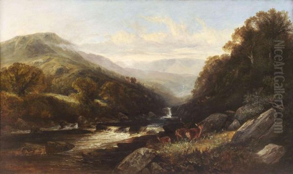 Deer In A Highland River Landscape Oil Painting by Joseph Adam