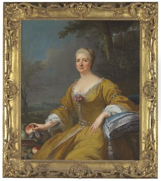 Portrait Of The Duchess Of Luxembourg In An Embroidered Yellow Dress, Before A Fountain Oil Painting by Jacques Andre Joseph Aved