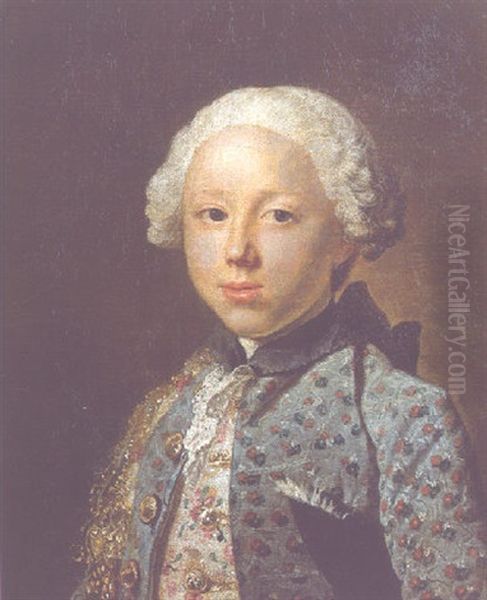 Portrait Of A Young Nobleman, Wearing A Gold Embroidered Light Grey Waistcoat With Dark Grey Jacket Oil Painting by Jacques Andre Joseph Aved