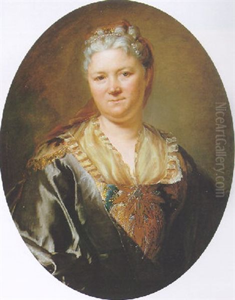 Portrait De Femme A La Robe Brodee Oil Painting by Jacques Andre Joseph Aved