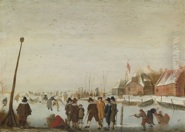 Winter Landscape With Skaters And Colfers On A Frozen Inlet Oil Painting by Barent Avercamp