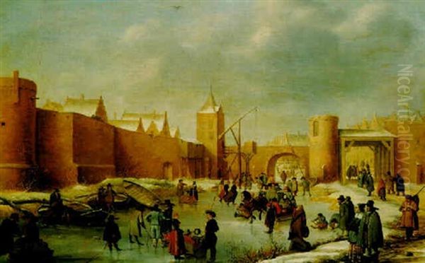 Skaters, Kolf Players, Elegant Ladies And Gentlemen, A Horse-drawn Sledge And Icebound Boats On A Frozen Moat Outside Kampen Oil Painting by Barent Avercamp