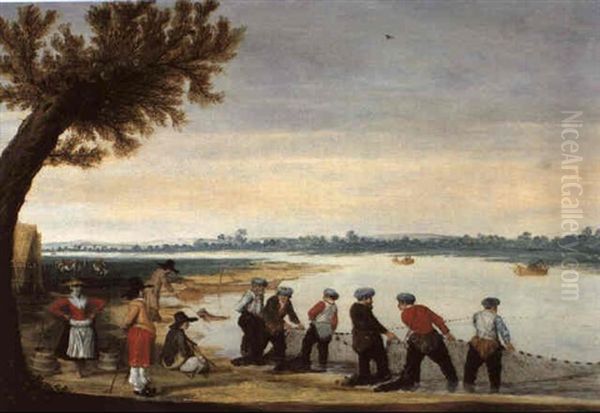 Pecheurs Ramassant Des Filets Au Bord D'un Lac Oil Painting by Barent Avercamp