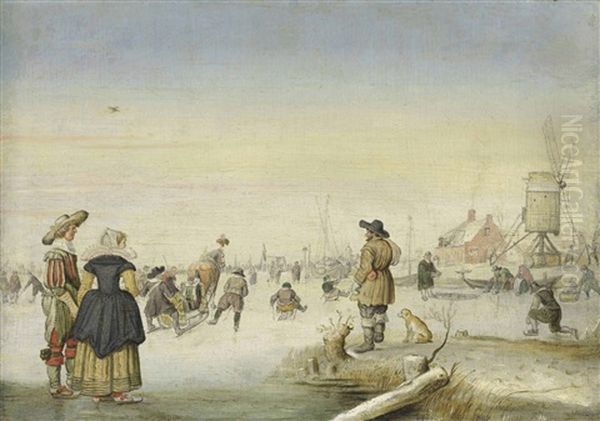 Figures Skating On A Frozen Lake Oil Painting by Hendrick Avercamp