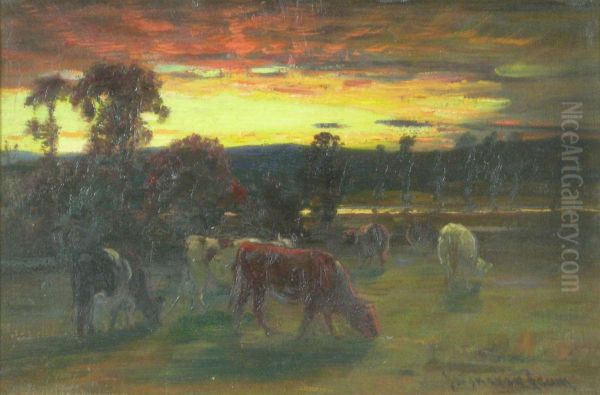 Cows Grazing At Sunset Oil Painting by Joseph Denovan Adam