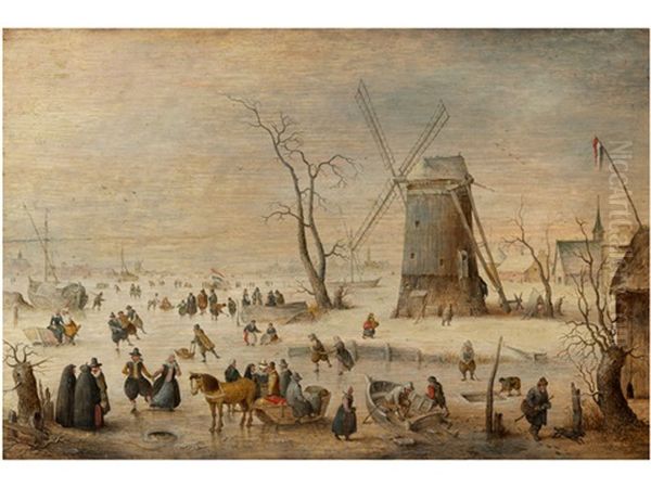 Eisvergnugen In Weiter Polderlandschaft Mit Grosser Windmuhle Oil Painting by Hendrick Avercamp