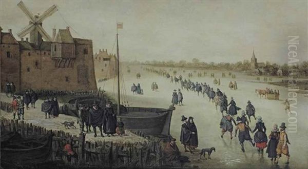 A Winter Landscape With Townsfolk Skating On A Frozen Moat Oil Painting by Hendrick Avercamp