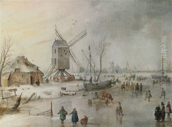 A Winter Scene With A Windmill And Figures On A Frozen River Oil Painting by Hendrick Avercamp