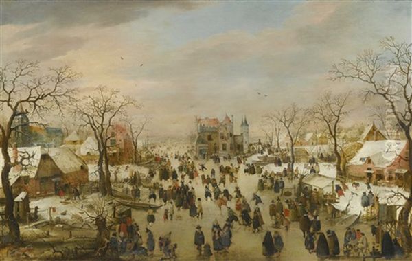 A Panoramic Winter Landscape With A Multitude Of Figures On A Frozen River Oil Painting by Hendrick Avercamp