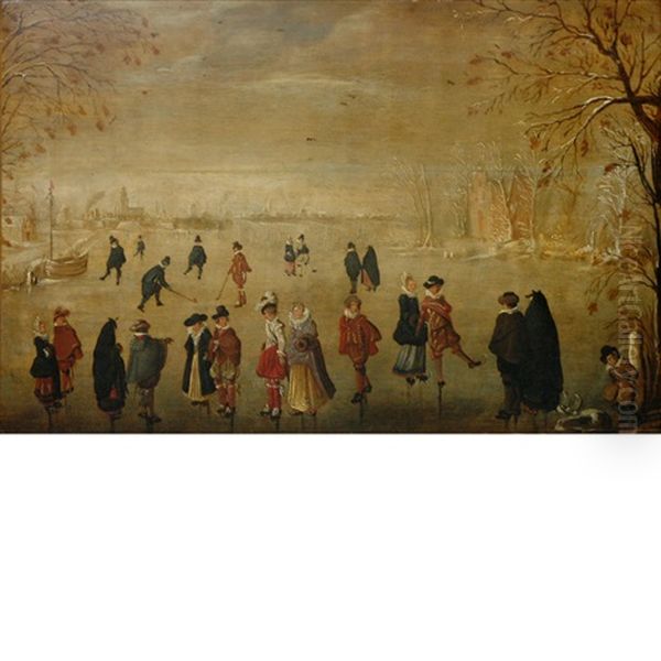 Elegant Couples Strolling And Playing Kolf On The Ice Oil Painting by Hendrick Avercamp