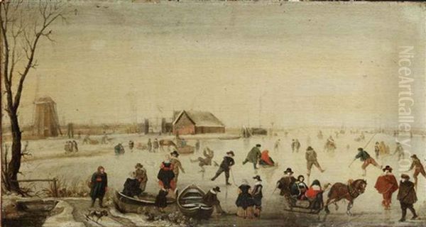 A Winter Landscape With Skaters On A Frozen River, A Windmill And Other Buildings Beyond Oil Painting by Hendrick Avercamp