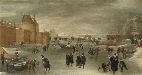 Skaters, Kolf Players And Sledges On A Frozen River Near The St. Janspoort City Gate, With The Kruispoort In The Background And The Pink Mill Beyond, Haarlem Oil Painting by Hendrick Avercamp