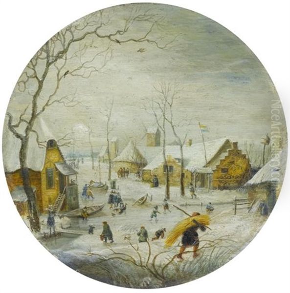 Winterlandschaft Mit Zugefrorenem Fluss, Im Vordergrund Schlittschuhlaufer Und Ein Heutrager Oil Painting by Hendrick Avercamp