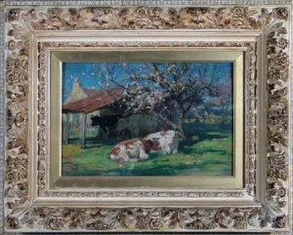 Cows Resting Near A Blossom Tree Oil Painting by Joseph Denovan Adam