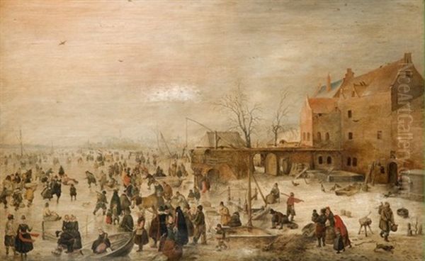 Patineurs Sur Une Riviere Gelee Au Bord D'un Village (in 3 Parts) Oil Painting by Hendrick Avercamp