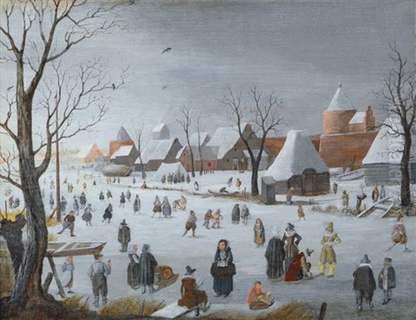 Skaters In Front Of A Town Oil Painting by Hendrick Avercamp