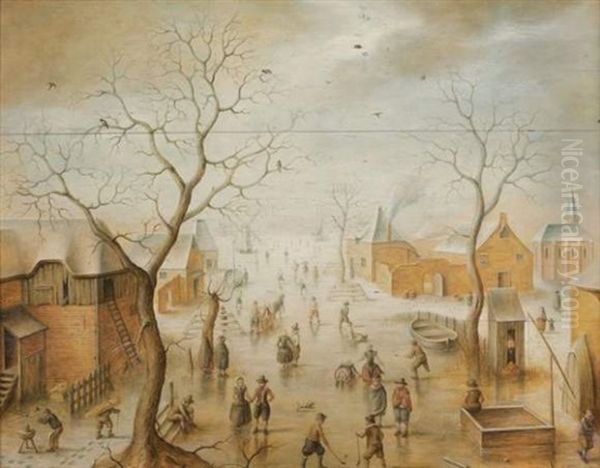 Scene D'hiver (in 3 Parts) Oil Painting by Hendrick Avercamp