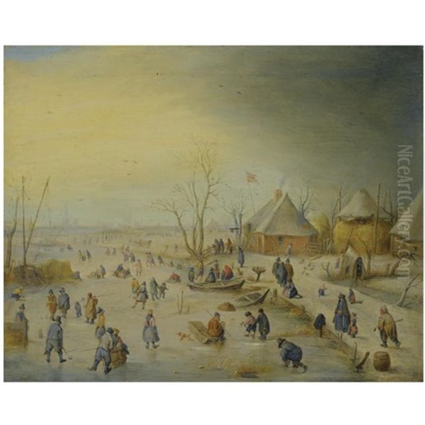 A Winter Landscape With Kolf Players, Skaters And Numerous Other Figures On A Frozen River Near An Inn, An Extensive Landscape Beyond Oil Painting by Hendrick Avercamp