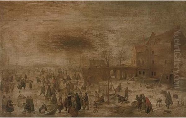 An Extensive Frozen River Landscape With Skaters And Other Figures By A Farmhouse Oil Painting by Hendrick Avercamp