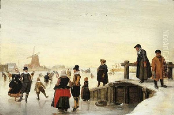 A Winter Landscape With Elegant Company Skating On A Frozen Waterway Oil Painting by Hendrick Avercamp