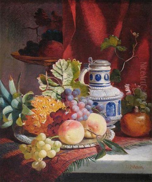 Still Life Of Fruit And A Stoneware Vase On A Ledge Oil Painting by Joseph Denovan Adam