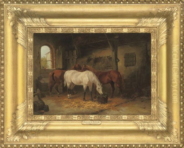 Three Horses In A Stable Oil Painting by Julius I Adam