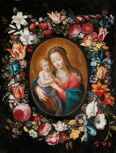 The Madonna And Child Surrounded By A Floral Garland Oil Painting by Peeter Van Avont