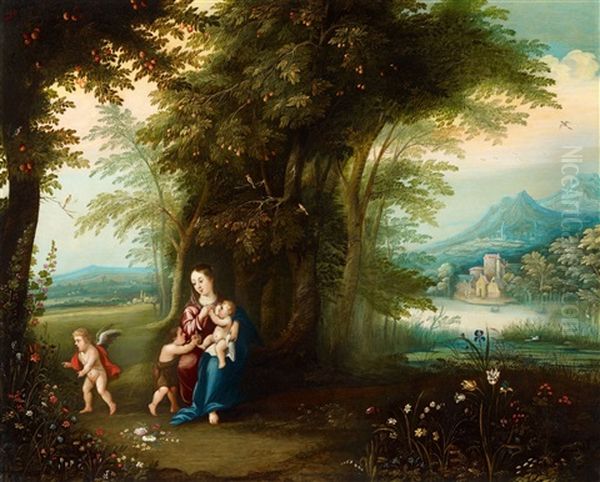 Wooded Landscape With The Virgin, Christ Child And Saint John Oil Painting by Peeter Van Avont