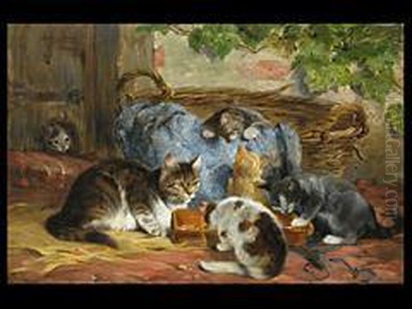 Die Katzenfamilie Oil Painting by Julius I Adam