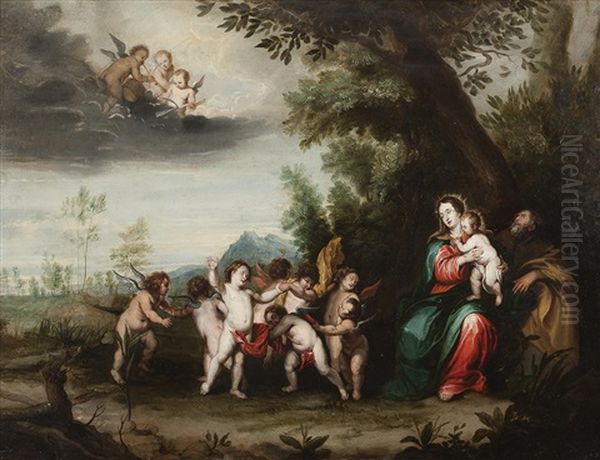 La Sainte Famille Avec Des Anges Dansant Et Jouant De La Musique Oil Painting by Peeter Van Avont