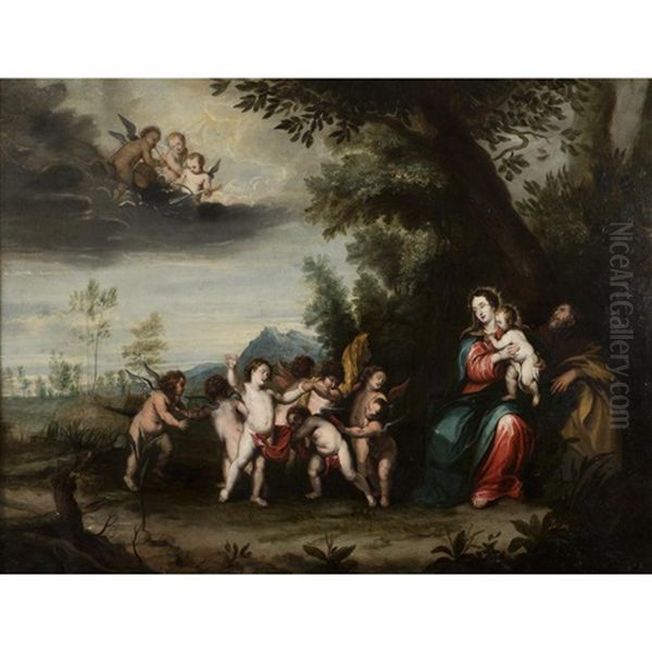 La Sainte Famille Avec Des Anges Dansant Et Jouant Oil Painting by Peeter Van Avont