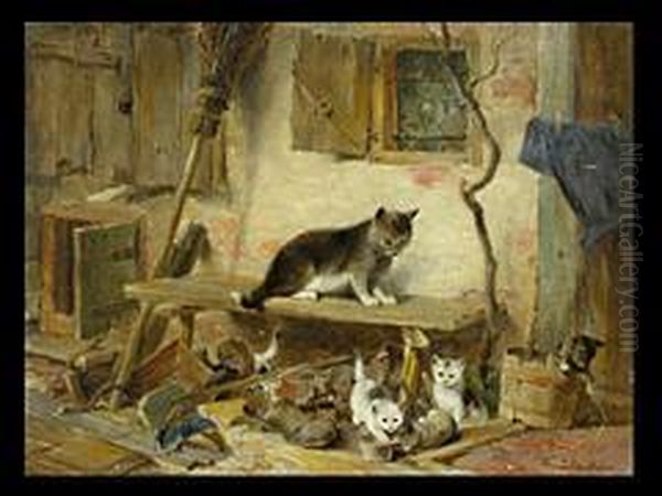 Katze Mit Vier Jungen Vor Bauernhaus Oil Painting by Julius I Adam