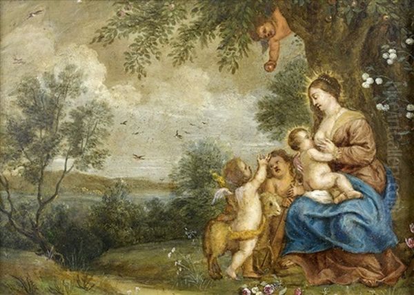 La Vierge A L'enfant Avec Saint Jean-baptiste, Et Un Ange Dans Un Paysage Oil Painting by Peeter Van Avont