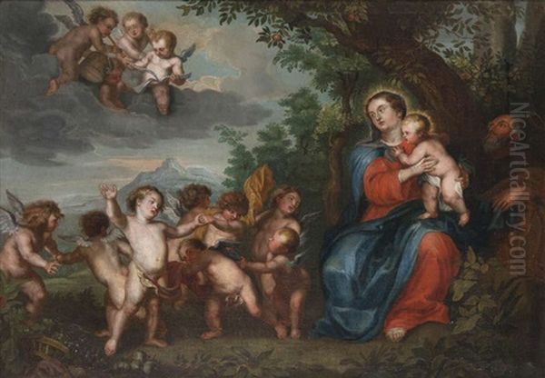 Paysage Anime De La Sainte Famille Et De Putti Pendant La Fuite En Egypte Oil Painting by Peeter Van Avont