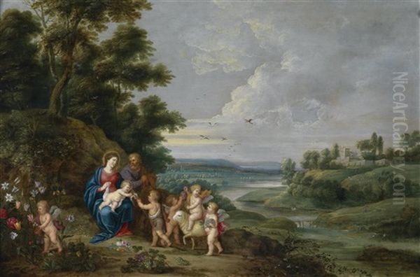 Die Heilige Familie Mit Dem Johannesknaben, Engeln Und Lamm Oil Painting by Peeter Van Avont