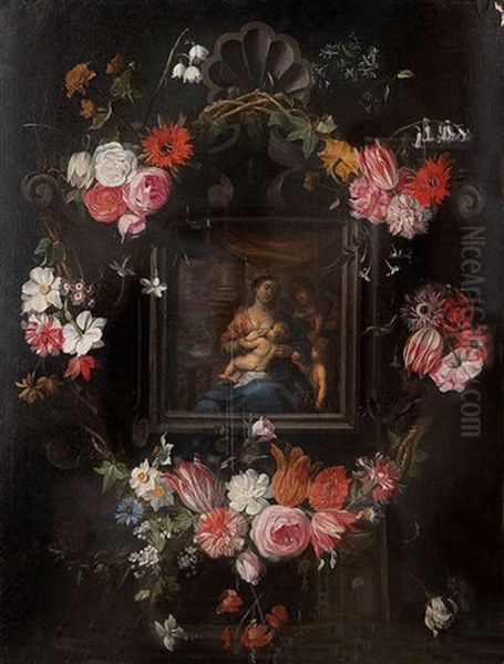 La Vierge A L'enfant Jesus Et Saint Jean Entoures D'une Guirlande De Fleurs Oil Painting by Peeter Van Avont