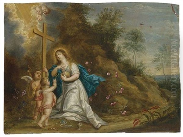 St. Catherine In A Landscape Laureated By Putti (+ Mary Magdalene In Penitence In A Landscape With Putti; Pair) Oil Painting by Peeter Van Avont