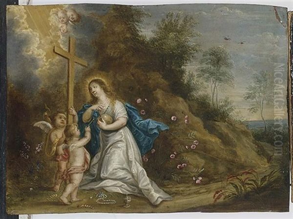 St. Catherine In A Landscape Laureated By Putti (+ Mary Magdalene In Penitence In A Landscape With Putti; Pair) Oil Painting by Peeter Van Avont