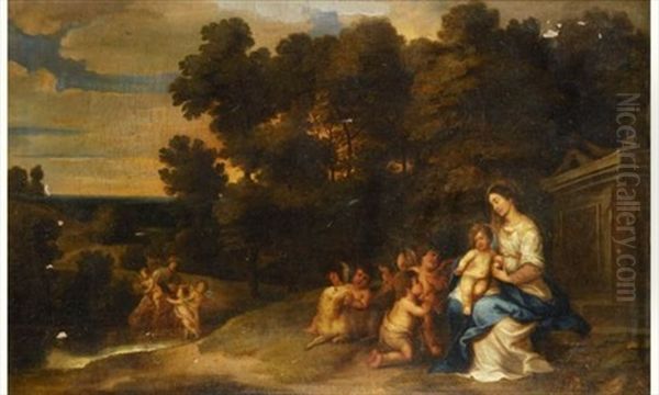 Vierge A L'enfant Avec Saint Jean Baptiste Et Angelots Dans Un Paysage Oil Painting by Peeter Van Avont