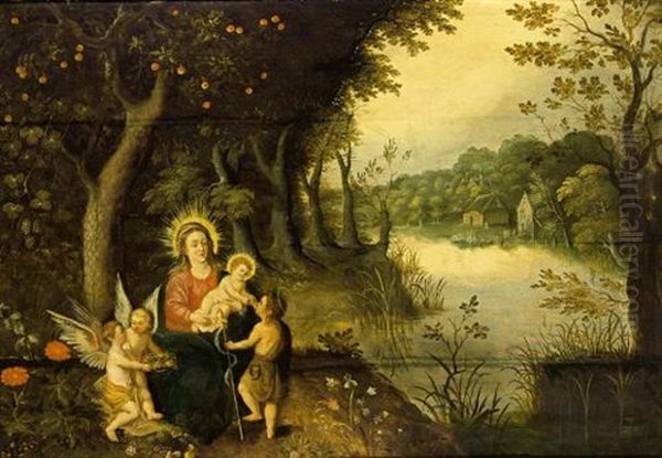 The Madonna And Child With St. John And Putti In A Wooded River Landscape, A Village Beyond Oil Painting by Peeter Van Avont