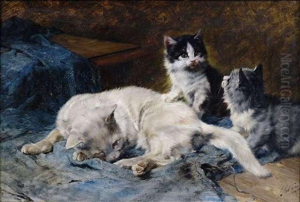 Mother Cat With Two Kittens Oil Painting by Julius Adam