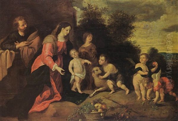 The Holy Family With St. John The Baptist, An Angel And Putti In A Landscape, A Fruit Still Life In The Foreground Oil Painting by Peeter Van Avont