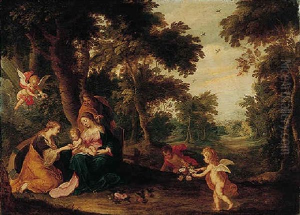 A Landscape With The Mystic Marriage Of Saint Catherine by Peeter Van Avont