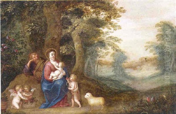 La Sainte Famille Et Le Jeune Saint-jean Dans Un Paysage Boise Et Fleuri Oil Painting by Peeter Van Avont