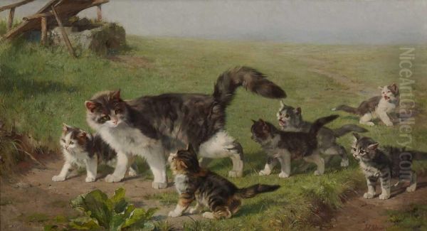 Katzenmutter Mit Ihren Jungen Auf Der Wiese Oil Painting by Julius Adam