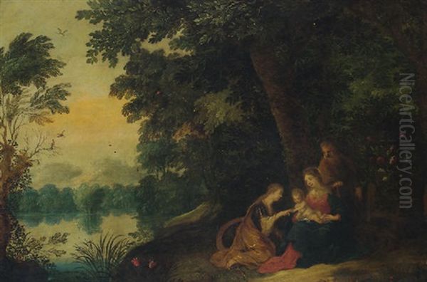 The Mystic Marriage Of Saint Catherine In A Wooded Landscape Oil Painting by Peeter Van Avont